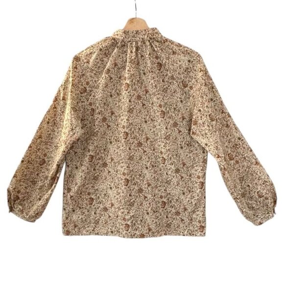 70s Vintage Winter Jack Tan Green Ditsy Floral Ballon Sleeve Pop Over Blouse - Picture 3 of 7